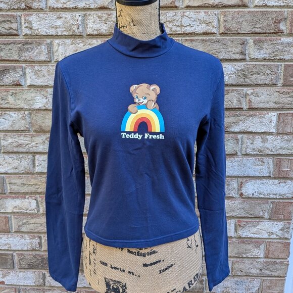 Teddy Fresh Navy Blue Mock Neck Cropped Long Sleeve Tee Large - Picture 1 of 10